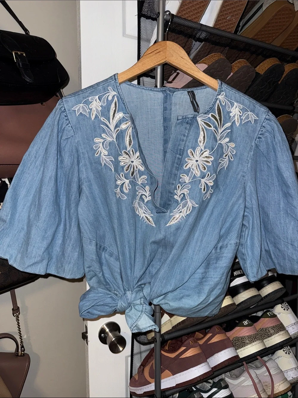 Anthropologie Light Blue Embroidered Tie-Front Blouse